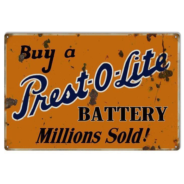 Aged Prest-O-Lite Battery Metal Sign-Metal Signs-Grease Monkey Garage