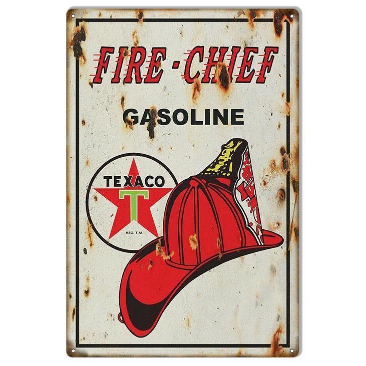 Aged Texaco Fire Chief Gasoline Metal Sign-Metal Signs-Grease Monkey Garage