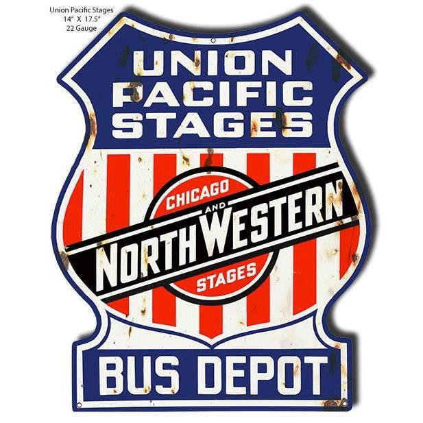 Aged Union Pacific Stages Bus Depot Railroad Laser Cut Metal Sign-Metal Signs-Grease Monkey Garage