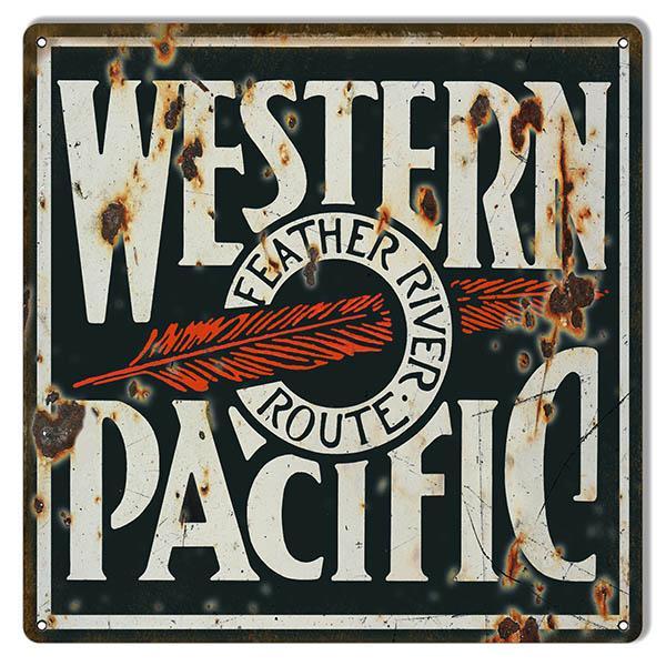 Aged Western Pacific Feather River Route Railroad Metal Sign-Metal Signs-Grease Monkey Garage
