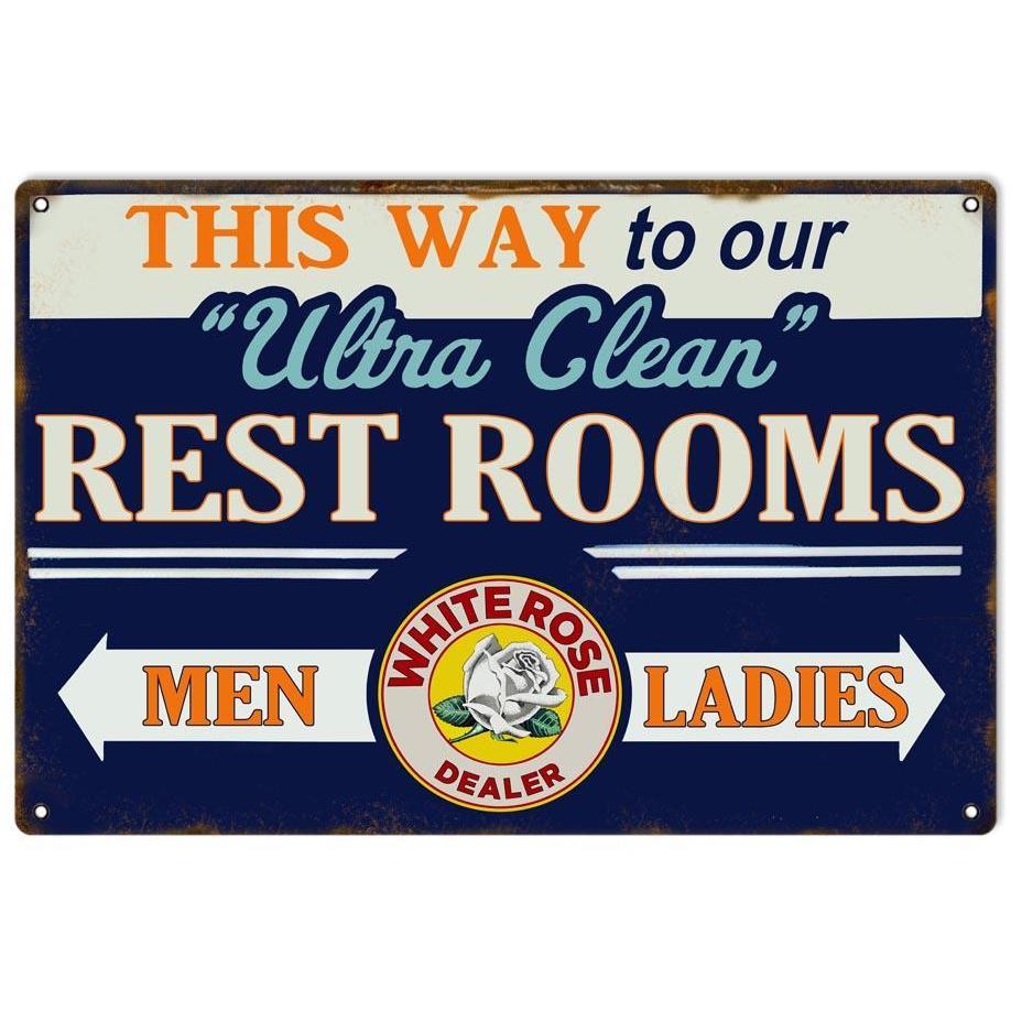 Aged White Rose Ultra Clean Restrooms Metal Sign-Metal Signs-Grease Monkey Garage