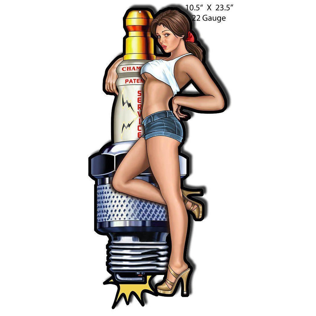 Champion Spark Plug Pin Up Girl Laser Cut Metal Sign-Metal Signs-Grease Monkey Garage