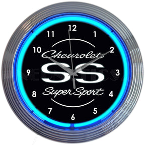 Chevrolet SS Super Sport Blue Neon Clock-Clocks-Grease Monkey Garage