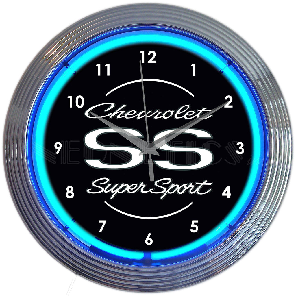 Chevrolet SS Super Sport Blue Neon Clock-Clocks-Grease Monkey Garage