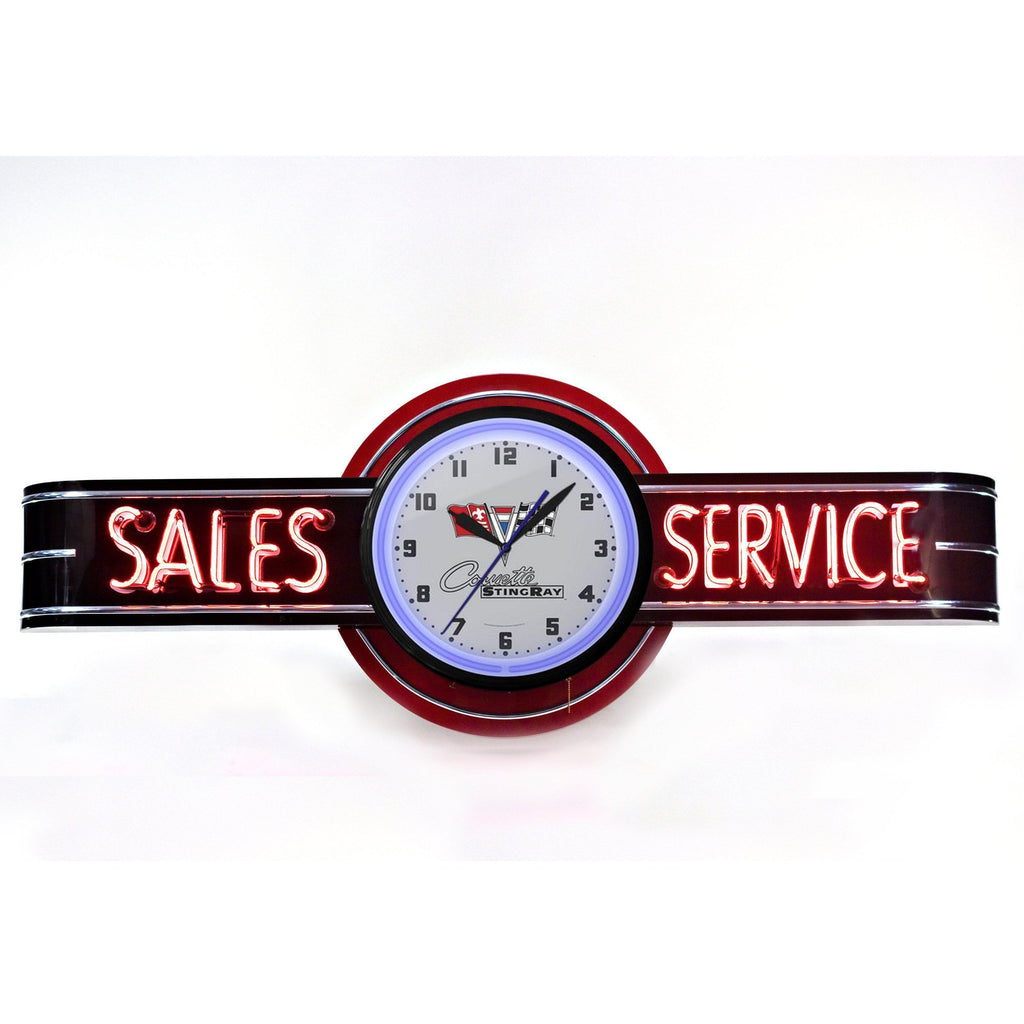 Corvette Stingray Sales & Service Neon Clock Sign-Neon Clock Signs-Grease Monkey Garage