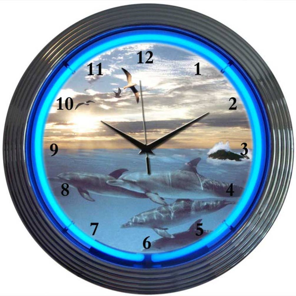 Dolphins at Sea Neon Clock-Clocks-Grease Monkey Garage