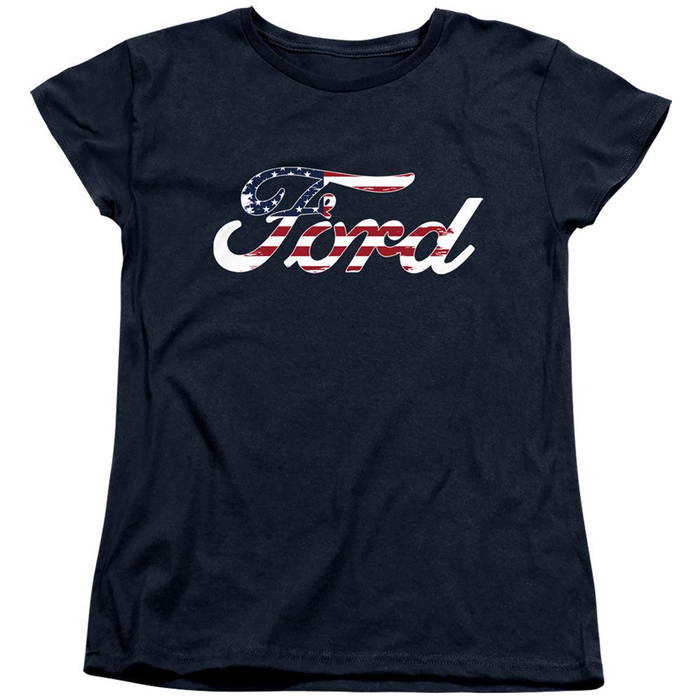 Ford American Flag Logo Women's Short-Sleeve T-Shirt-Grease Monkey Garage