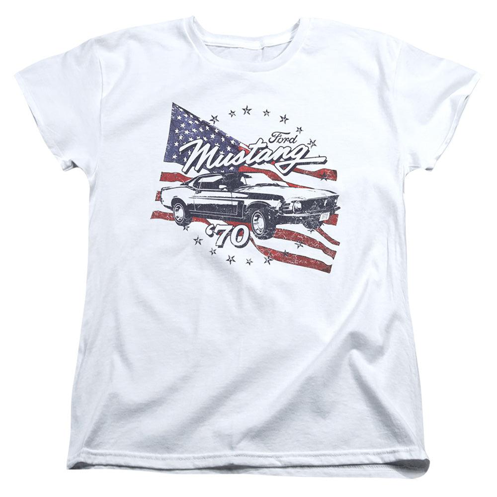 Ford Mustang 1970 Mustang American Flag Women's Short-Sleeve T-Shirt-Grease Monkey Garage