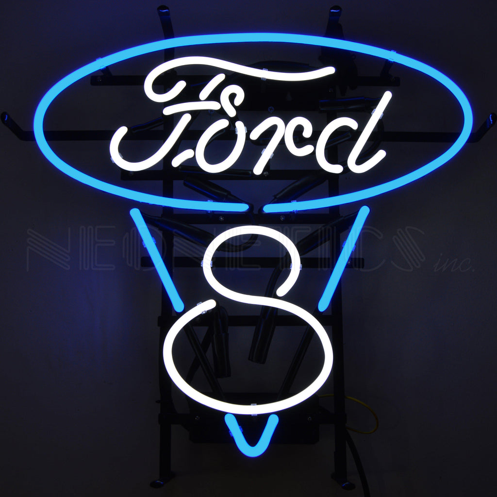Ford V8 Blue and White Neon Sign-Neon Signs-Grease Monkey Garage