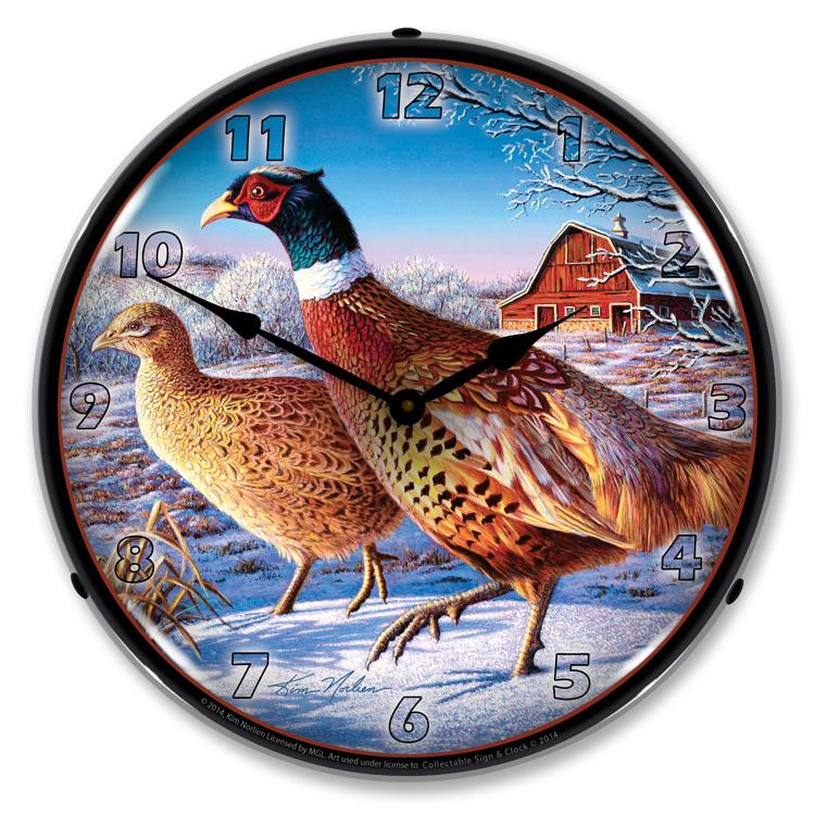 Frosty Morning Ringnecks Pheasants LED Clock-LED Clocks-Grease Monkey Garage