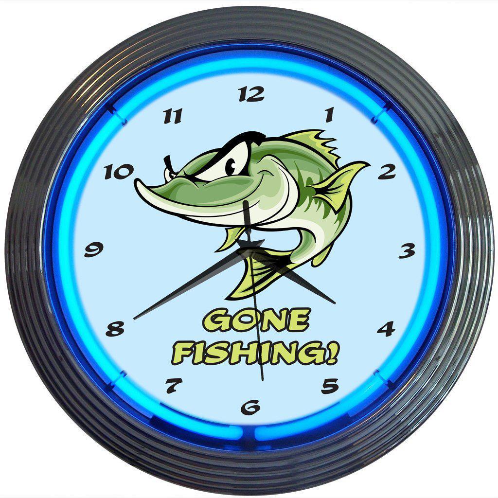 Gone Fishing Neon Clock-Clocks-Grease Monkey Garage