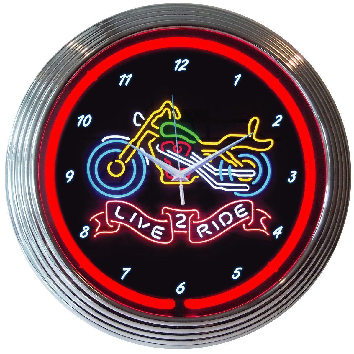 Live 2 Ride Motorcycle Neon Clock-Clocks-Grease Monkey Garage
