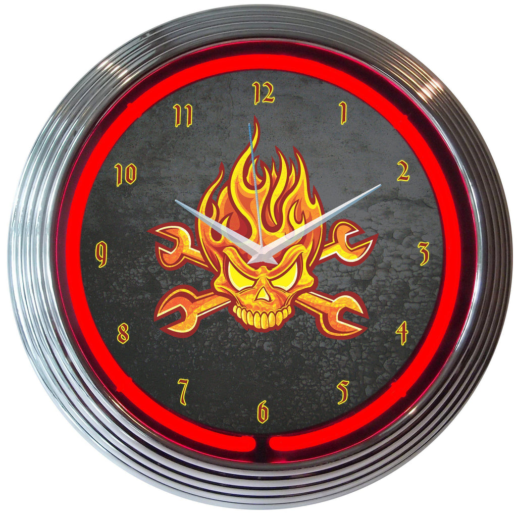 Mechanic Fire Skull and Wrenches Neon Clock-Clocks-Grease Monkey Garage