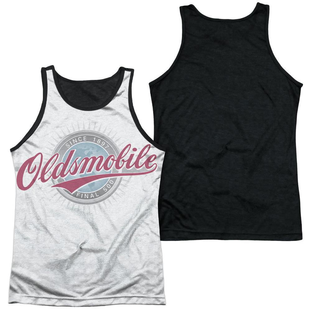 Oldsmobile Oversized and Faded Logo 100% Poly Black Back Tank Top-Grease Monkey Garage