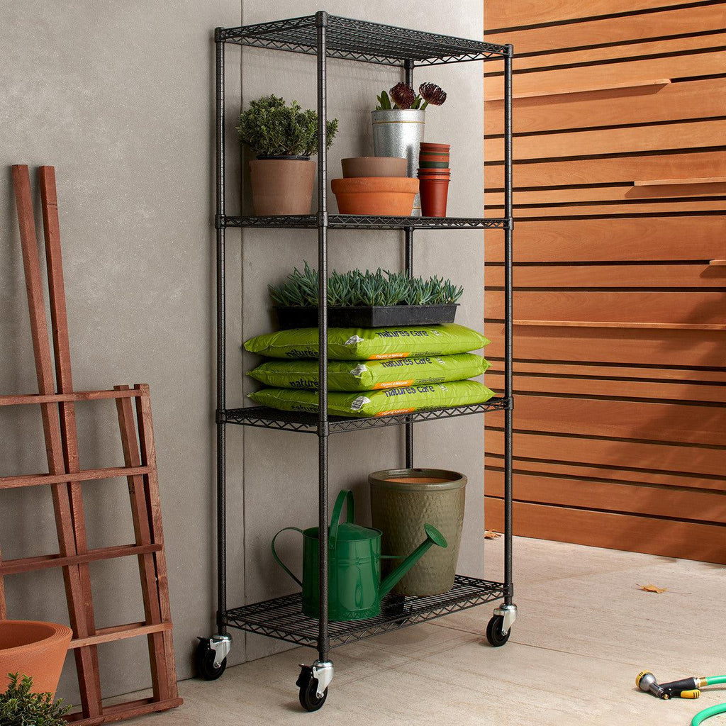 Professional 4-Tier Industrial Grade Wire Shelving 36"x18"x72" with Wheels - Black Anthracite-Grease Monkey Garage