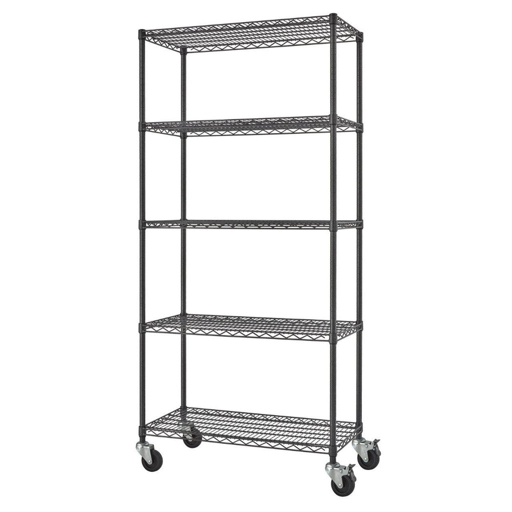Professional 5-Tier Industrial Grade Wire Shelving 36"x18"x72" with Wheels - Black Anthracite-Grease Monkey Garage
