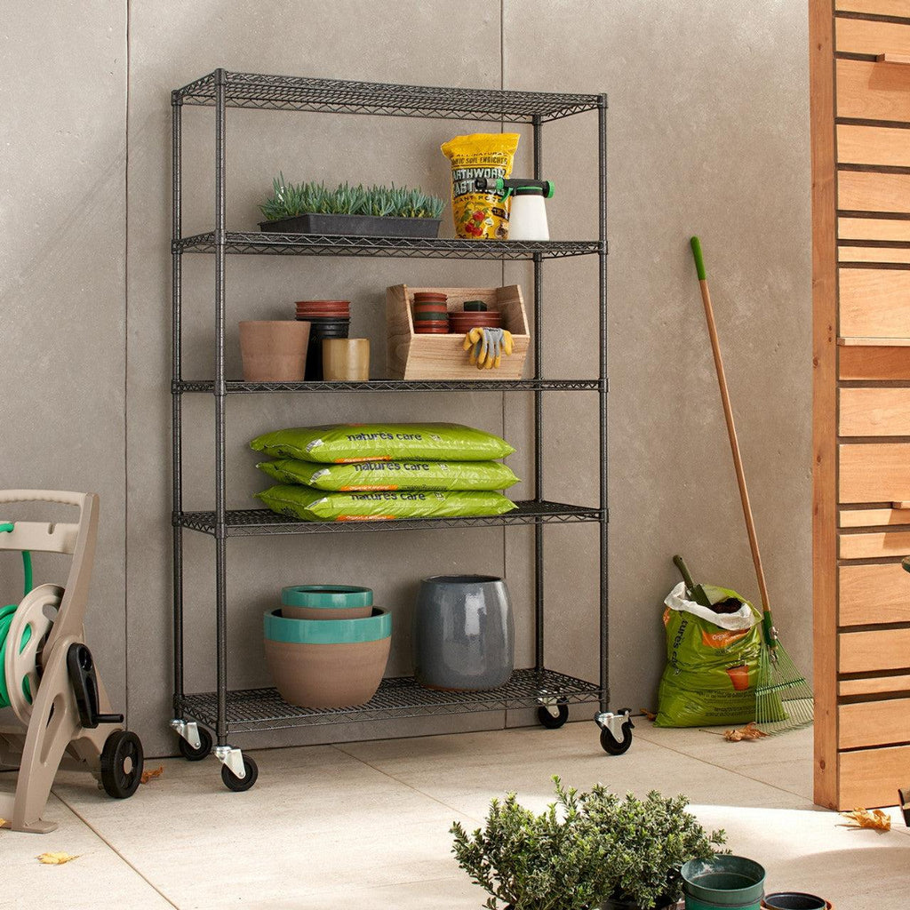 Professional 5-Tier Industrial Wire Shelving 48"x18"x72" with Wheels - Black Anthracite-Grease Monkey Garage