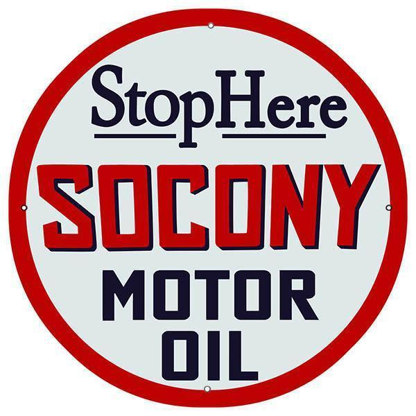 Stop Here Socony Motor Oil Sign-Metal Signs-Grease Monkey Garage