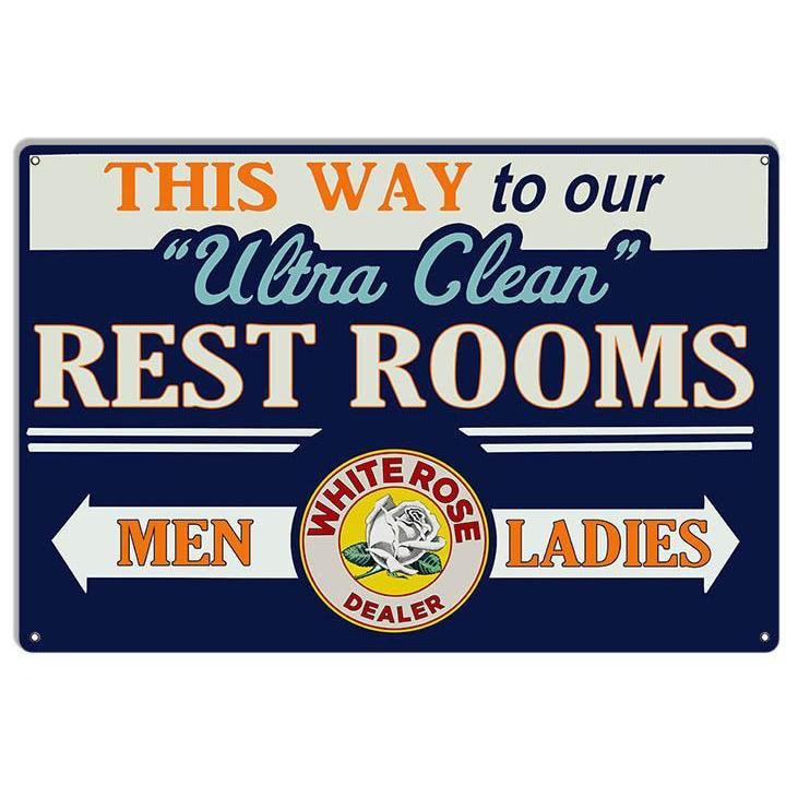 White Rose Ultra Clean Restrooms Metal Sign-Metal Signs-Grease Monkey Garage