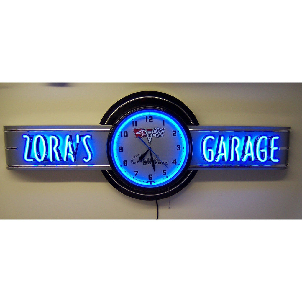 Zora's Garage Corvette Stingray Neon Clock Sign-Neon Clock Signs-Grease Monkey Garage